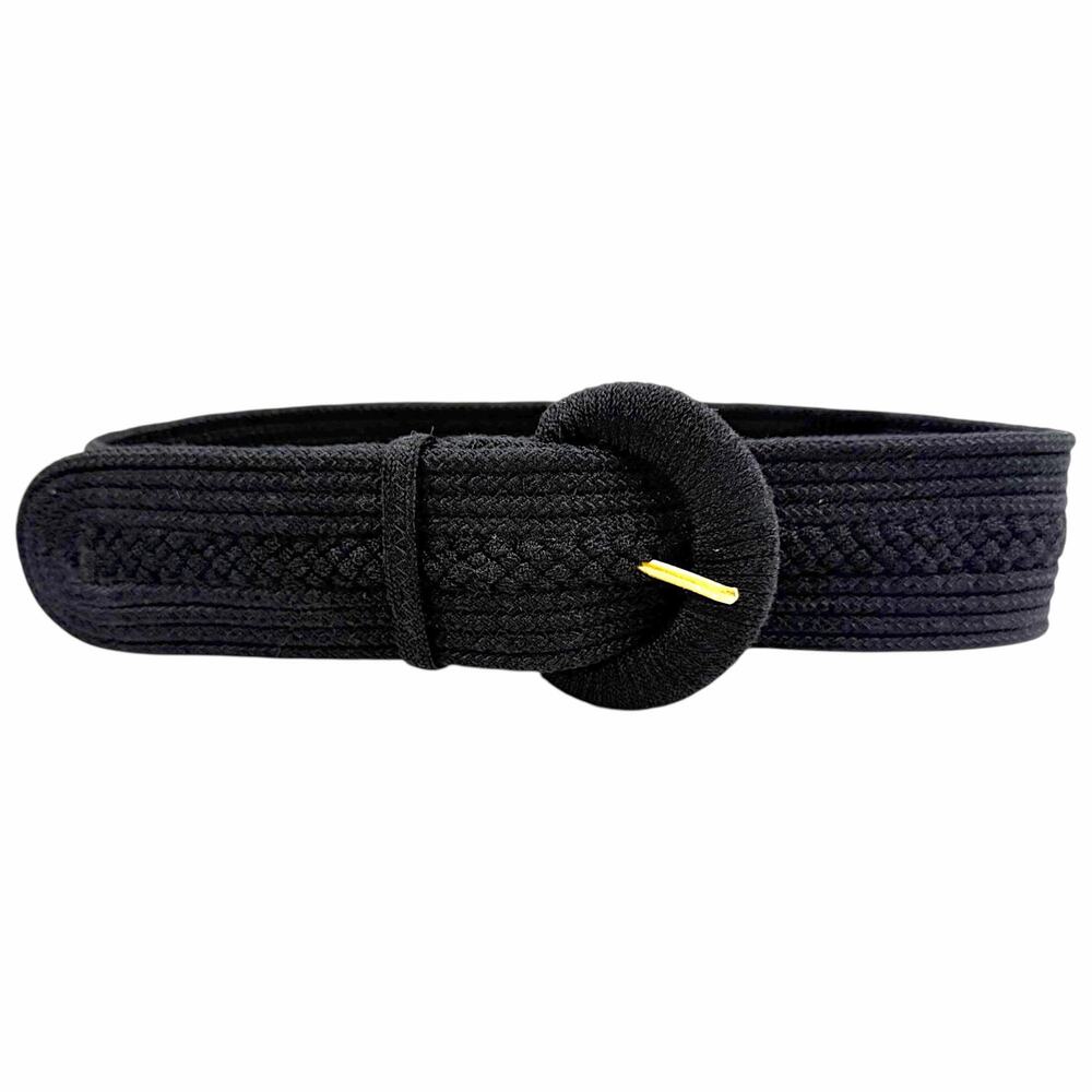 Vtg 80s Leather Shop Black Woven Cord Cinch Belt Wide Round Buckle Retro Boho S